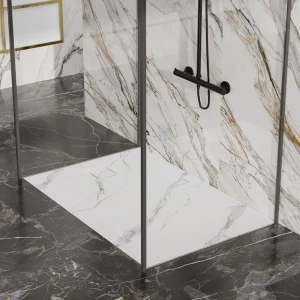 Brodzik prysznicowy kamienny prostokątny slim Riko biały wzór marmur 120 x 80 cm