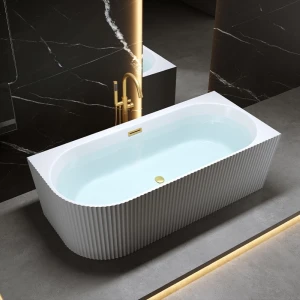 Wanna wolnostojąca przyścienna ryflowana Rio 504B prawa biała 150 x 75 cm przelew złoty szczotkowany 