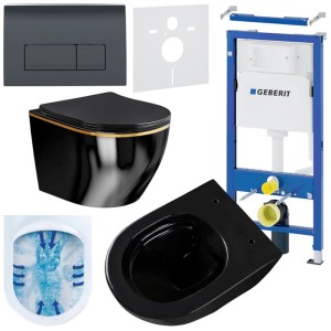 Zestaw podtynkowy WC stelaż Geberit Duofix miska Mizu-BL-GL-Rim-03 przycisk Delta 50 czarny