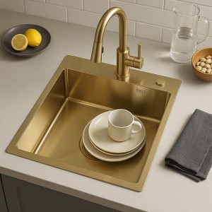Zlewozmywak kuchenny jednokomorowy stalowy złoty ALOR-GL-40X45 - dozownik - syfon