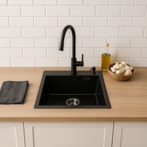 Zlewozmywak kuchenny jednokomorowy stalowy czarny ALOR-BL-40X45 - dozownik - syfon