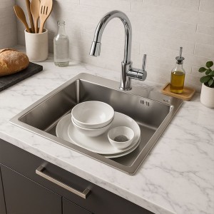 Zlewozmywak kuchenny jednokomorowy stalowy inox ALOR-CH-40X45 - dozownik - syfon