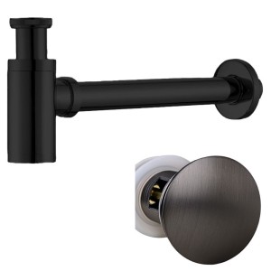 Syfon umywalkowy metalowy MIKE-BL + korek klik-klak z przelewem szczotkowana stal