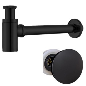 Syfon umywalkowy metalowy MIKE-BL + korek klik-klak z przelewem czarny mat