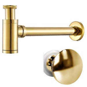 Syfon umywalkowy metalowy MIKE-GL + korek klik-klak z przelewem złoty