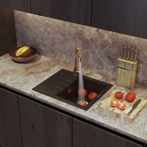 Zestaw - zlew granitowy jednokomorowy Milano Chocolate Gold - bateria - syfon