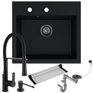 Zlew granitowy czarny Ferrum 1K60: bateria + dozownik + syfon + mata